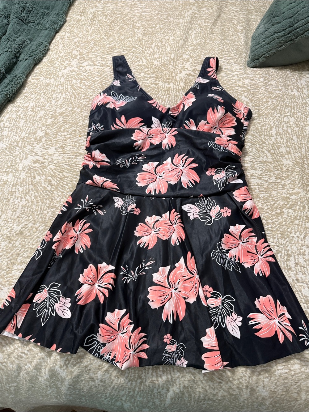 Source Unknown Black Swim Dress with Pink Floral Print